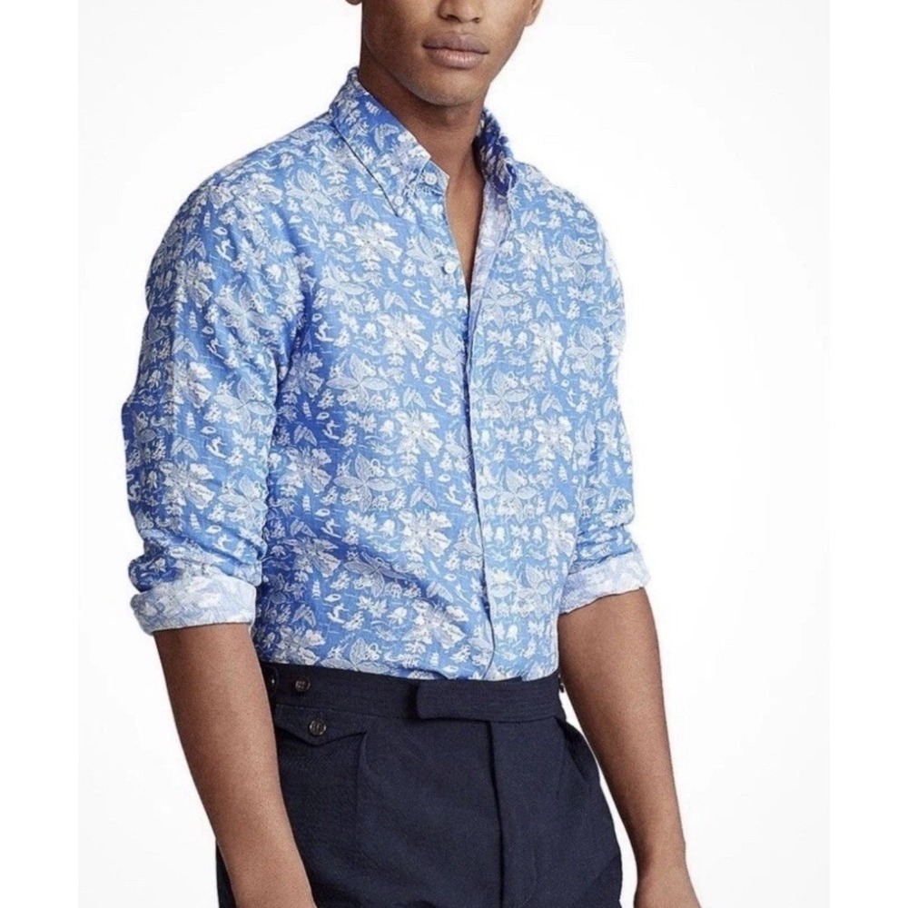 Ralph Lauren Men's Blue Hawaiian Linen Shirt Vacation Resort Tropical Surf XL